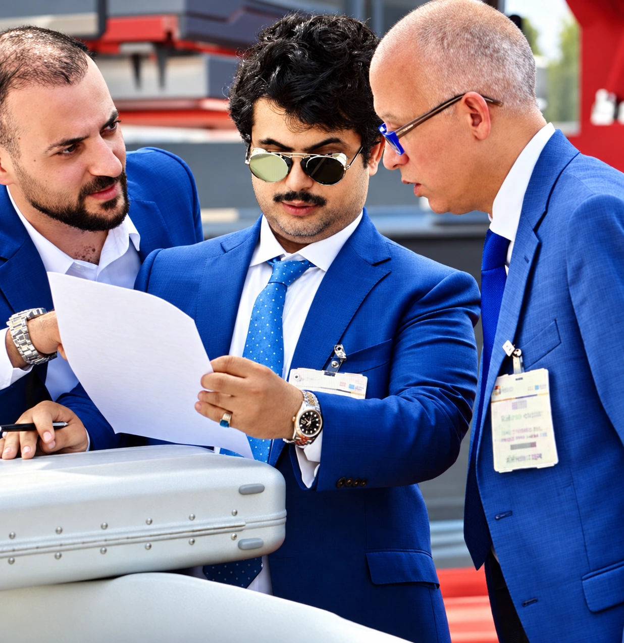 Three men in blue suits reviewing a document